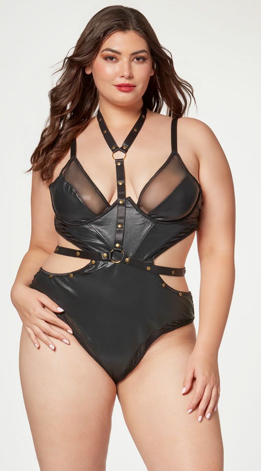 Ultra-Sexy-Lingerie * | Seven 'Til Midnight Plus Size Faux Leather And Mesh Teddy And Harness Set