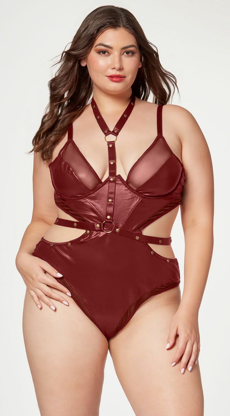 Ultra-Sexy-Lingerie * | Seven 'Til Midnight Plus Size Faux Leather And Mesh Teddy And Harness Set