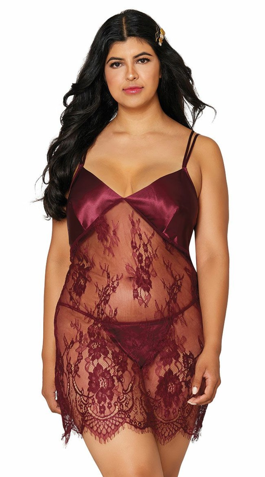 Silk-Satin-Lingerie * | Dreamgirl Plus Size Burgundy Elegance Chemise Set