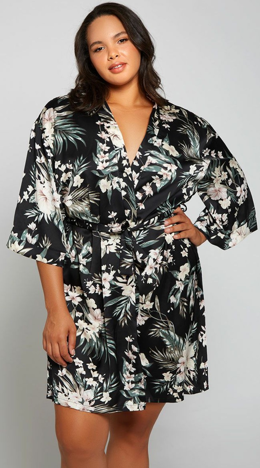 Silk-Satin-Lingerie * | Icollection Plus Size Full Bloom Satin Robe